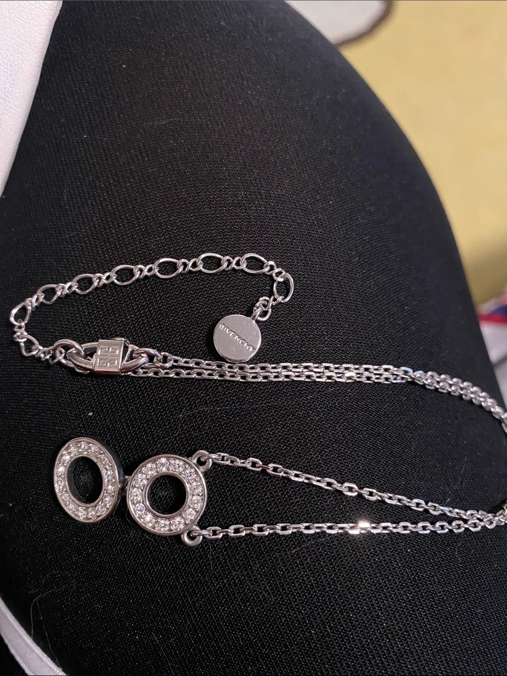 Givenchy Silver tone Crystal Double Circle Necklace on Chain